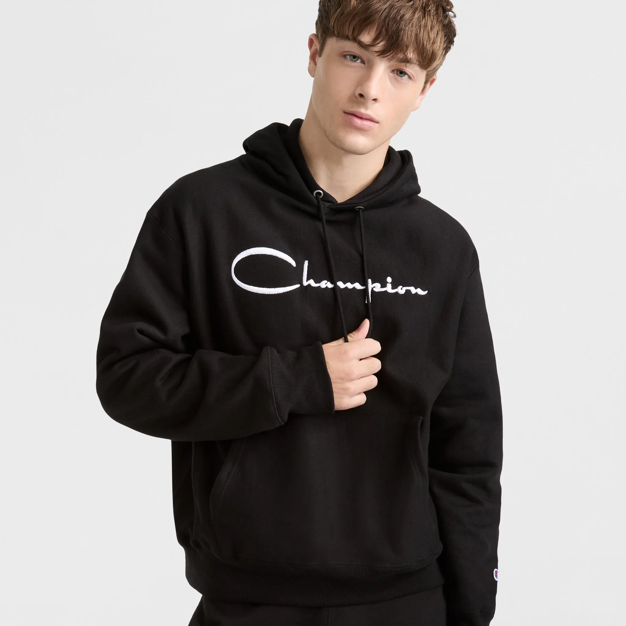 Reverse Weave Hoodie, White Vintage Script Logo sold by Champion
