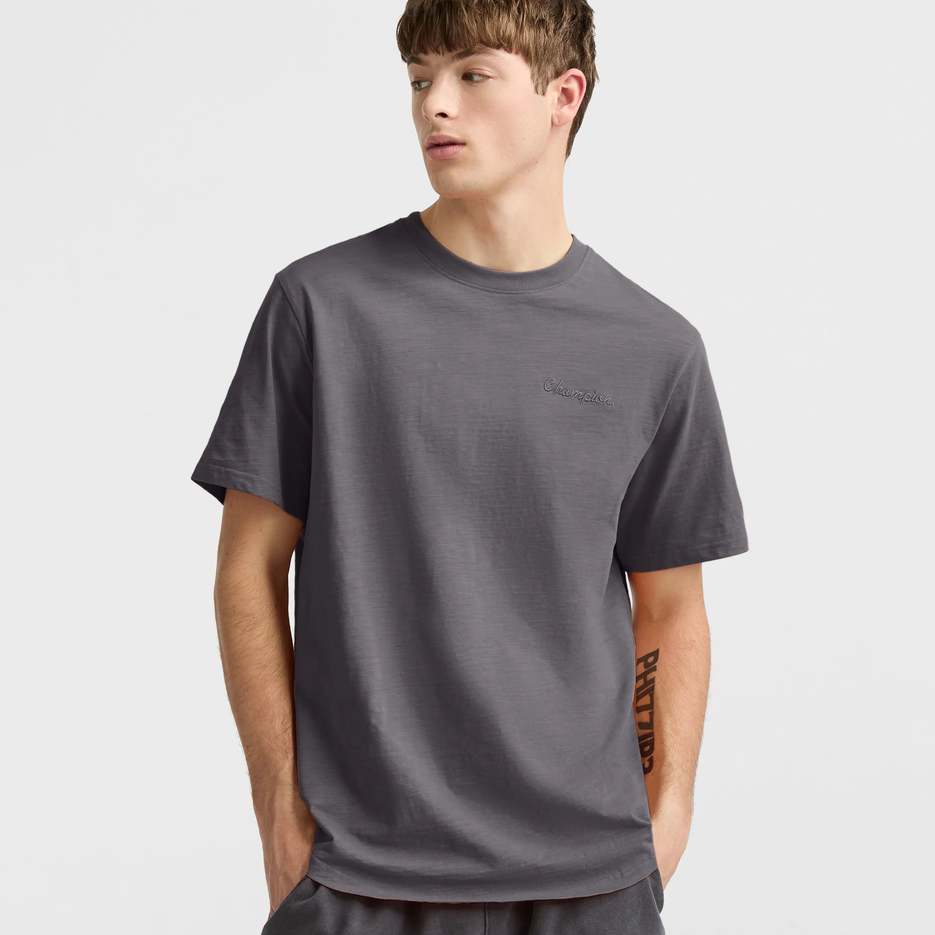 Curved Hem Slub T-Shirt, Embroidered Script sold by Champion