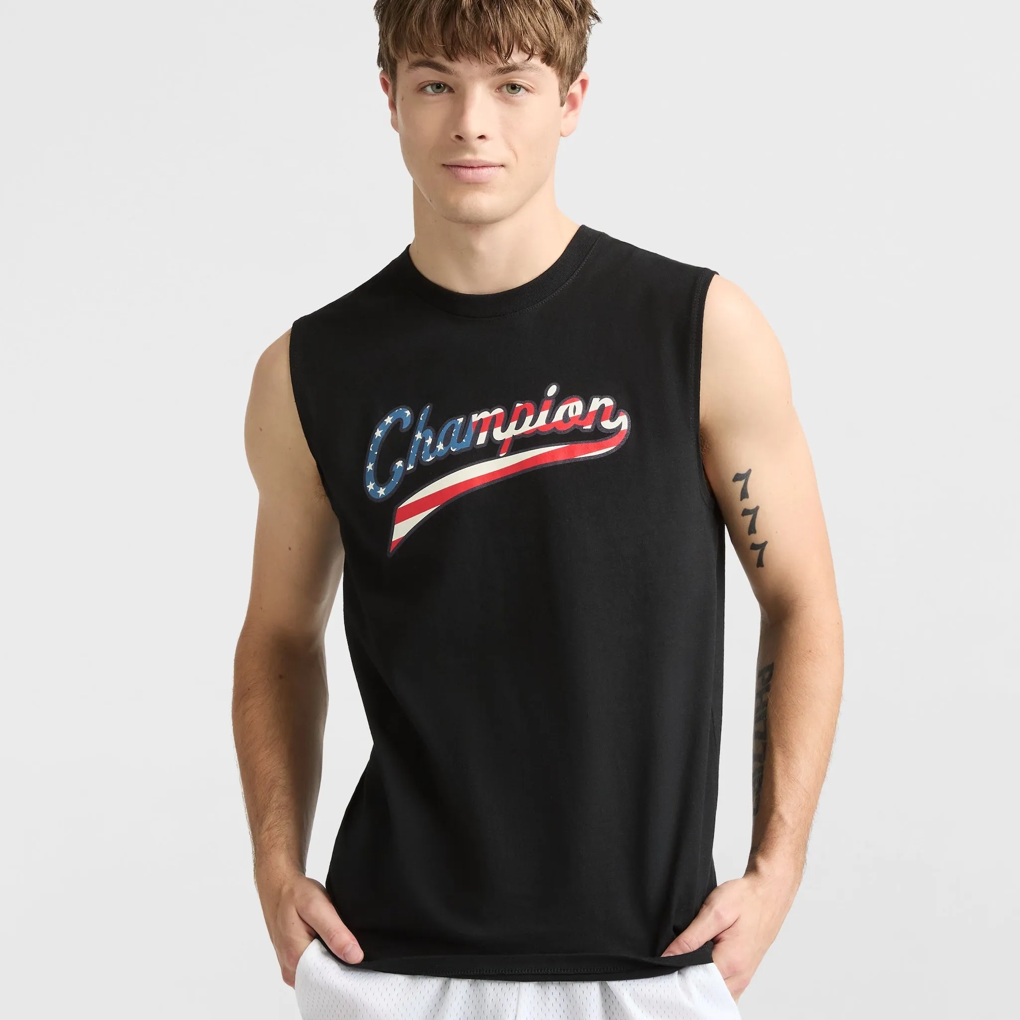 Classic Graphic Muscle Tank, USA Flag Script sold by Champion
