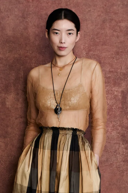 Luca Crinkle Mesh Blouse Golden sold by Chan Luu