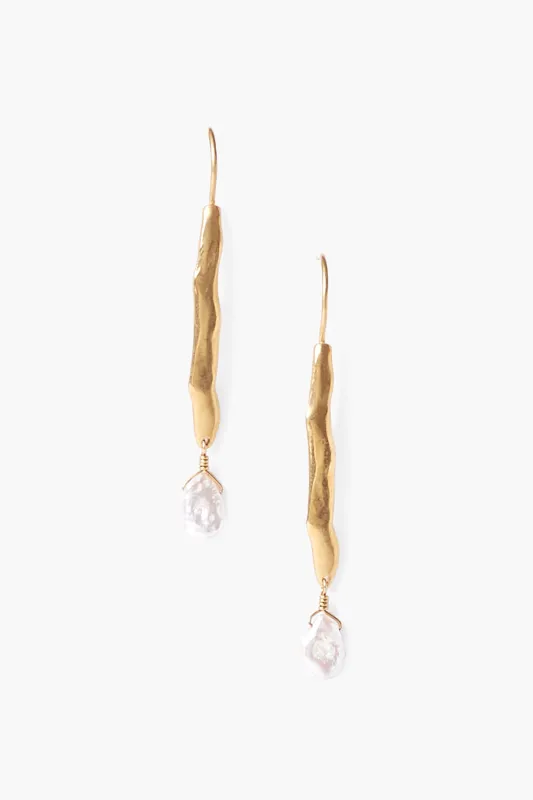 Gold Wave Pearl Drop Earrings White sold by Chan Luu