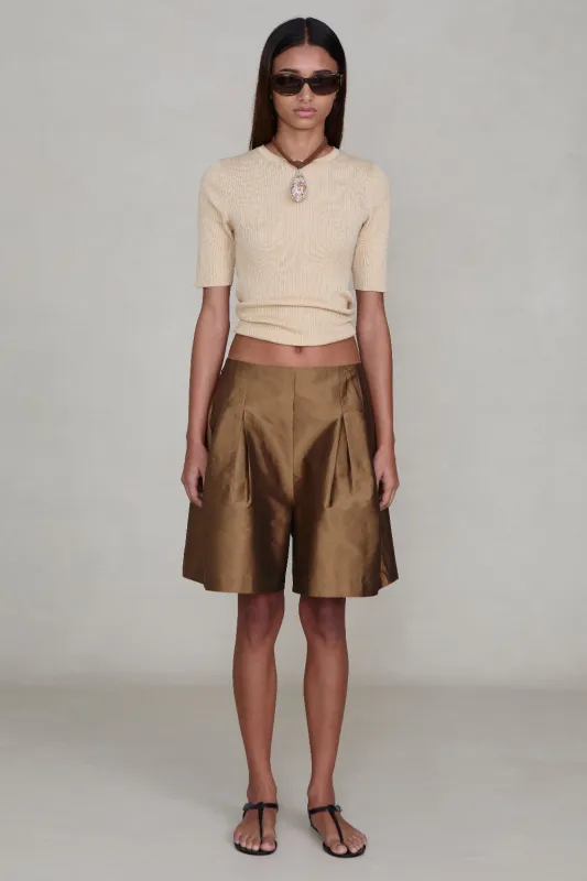 Techno Taffeta Long Shorts Bronze sold by Chan Luu