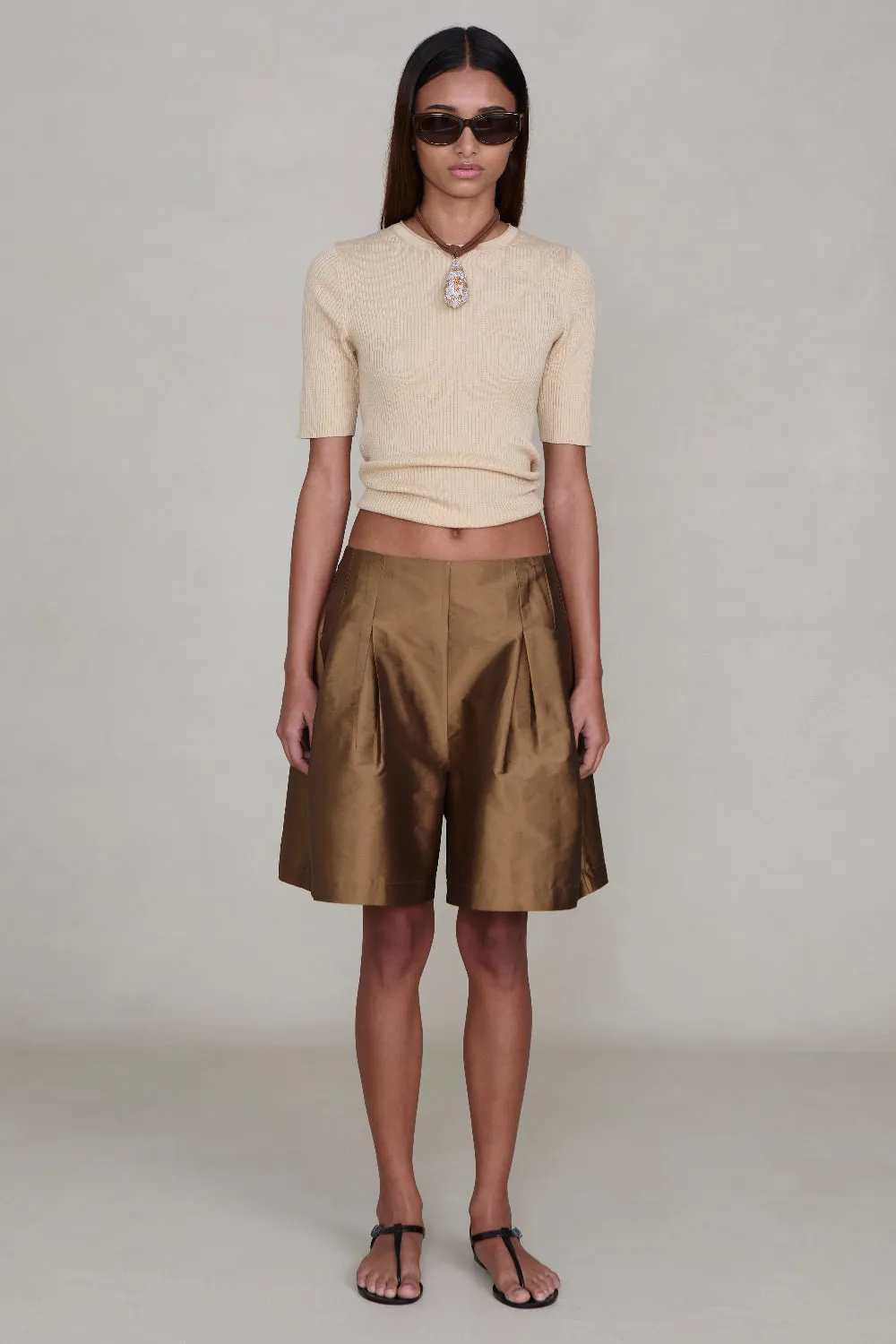 Techno Taffeta Long Shorts Bronze sold by Chan Luu