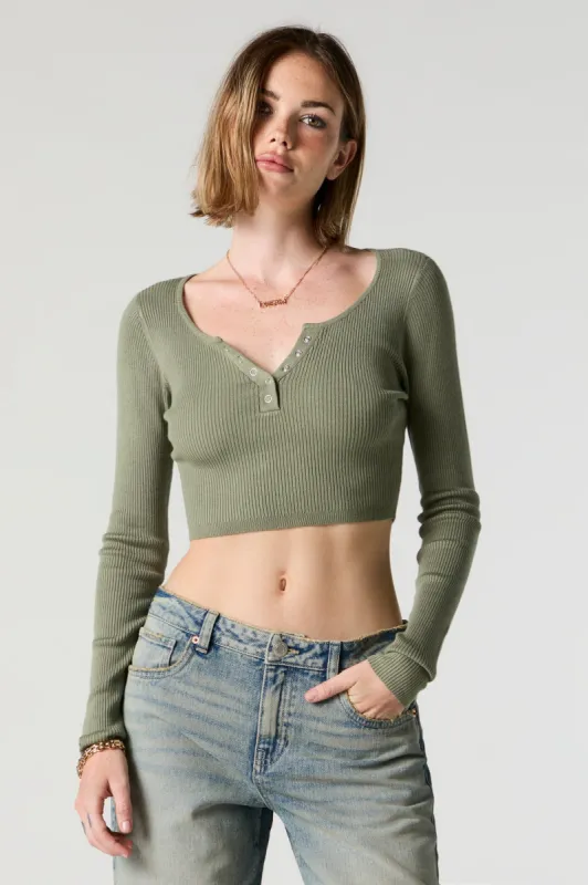 Ribbed Henley Long Sleeve Crop Top sold by Charlotte Russe