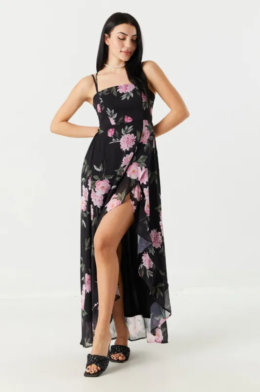 Black Chiffon Floral High-Low Wrap Dress sold by Charlotte Russe
