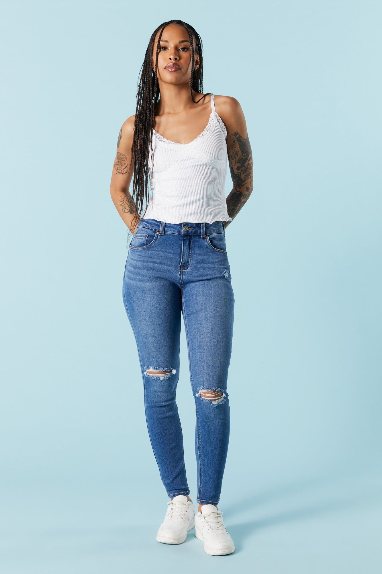 Rio Dark Wash Distressed Skinny Jean sold by Charlotte Russe
