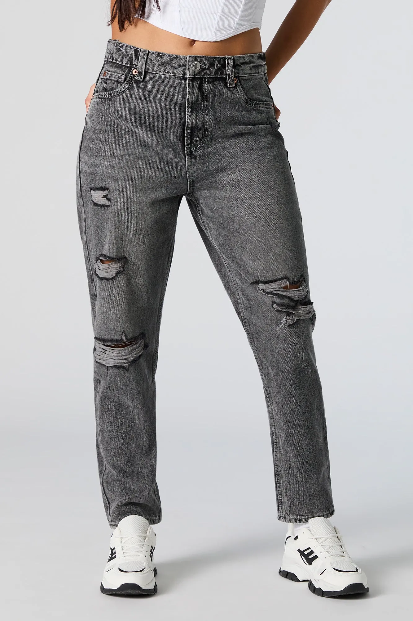 Distressed High Rise Grey Wash Mom Jean sold by Charlotte Russe product image thumbnail 2
