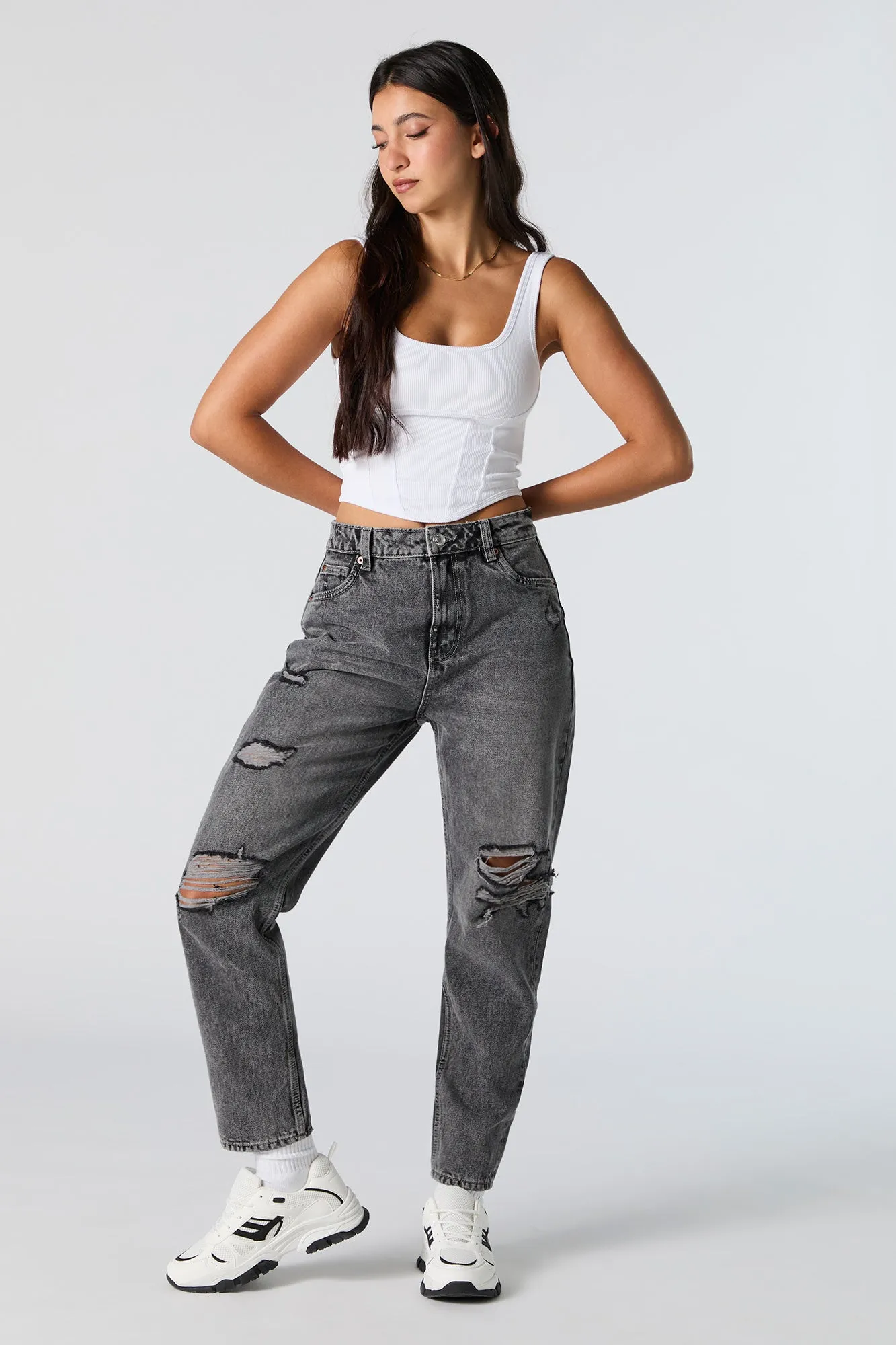 Distressed High Rise Grey Wash Mom Jean sold by Charlotte Russe