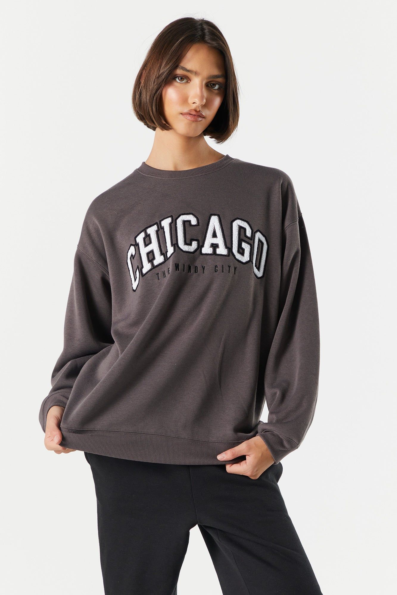 Fleece Chicago Graphic Sweatshirt sold by Charlotte Russe