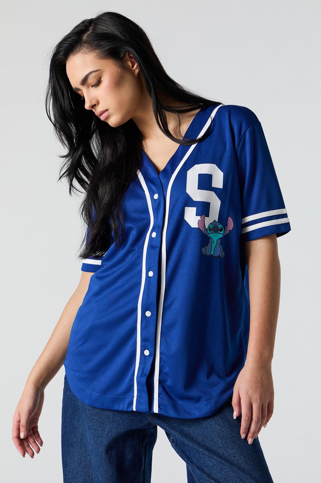 Stitch Graphic Mesh Baseball Jersey sold by Charlotte Russe