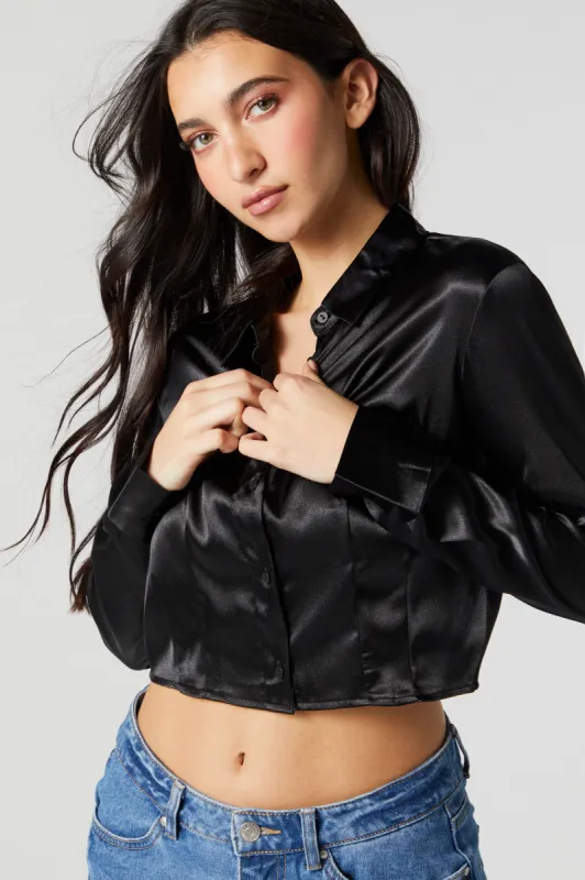 Satin Button-Up Crop Top sold by Charlotte Russe