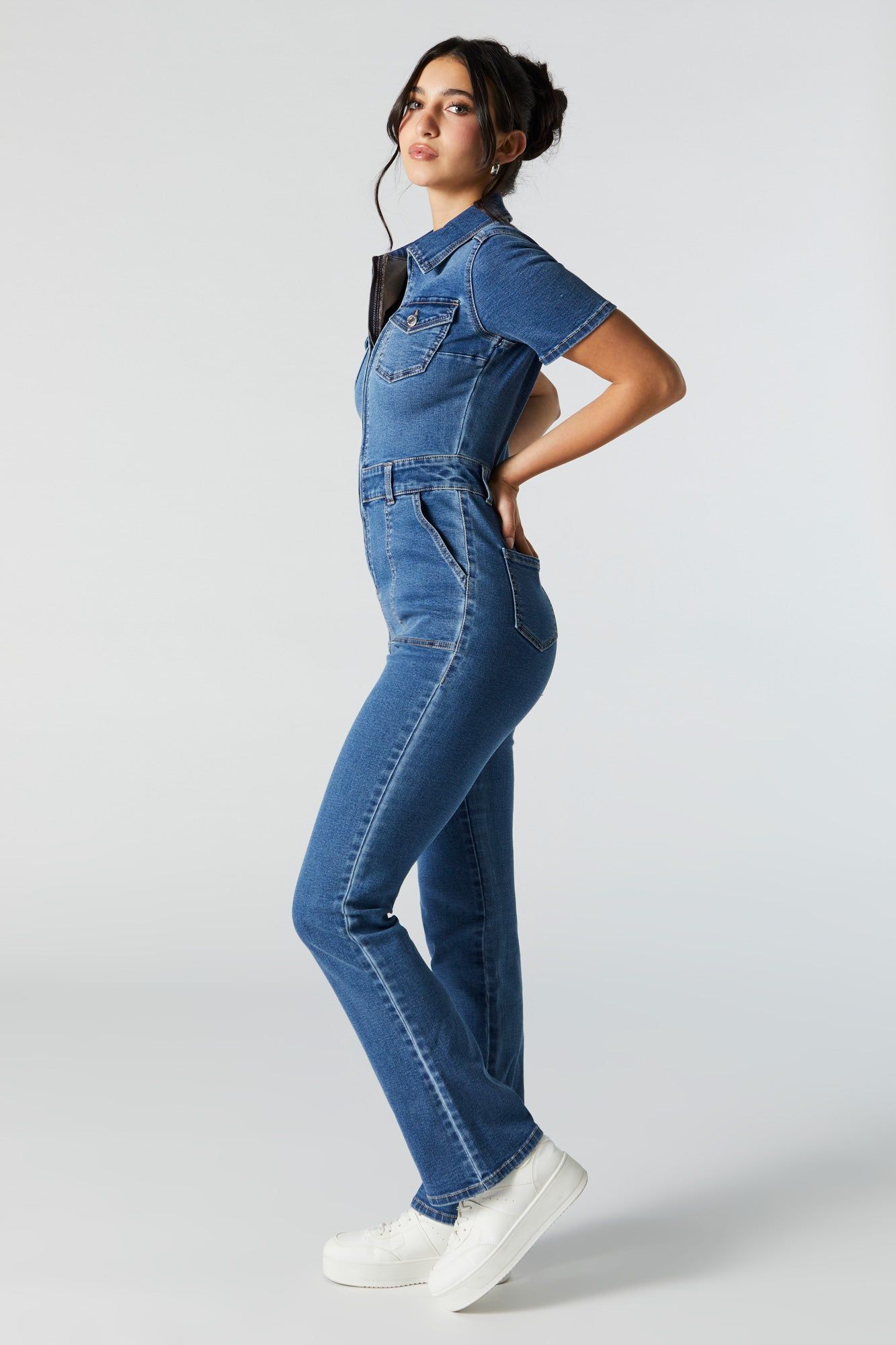 Medium Wash Denim Zip-Up Jumpsuit sold by Charlotte Russe product image thumbnail 3