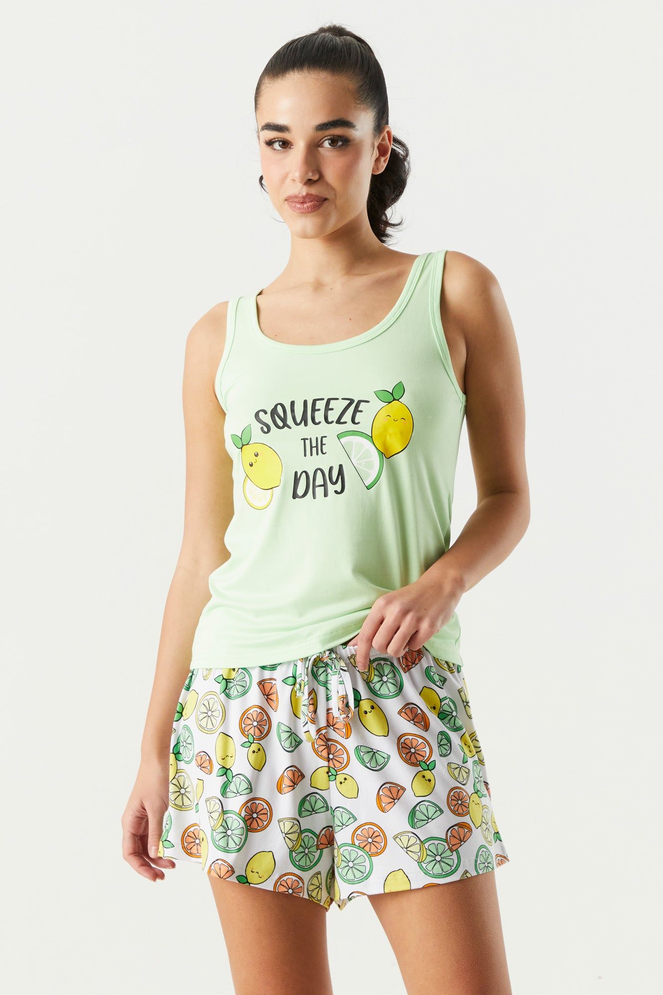 Squeeze the Day Graphic Tank and Short 2-Piece Pajama Set sold by Charlotte Russe