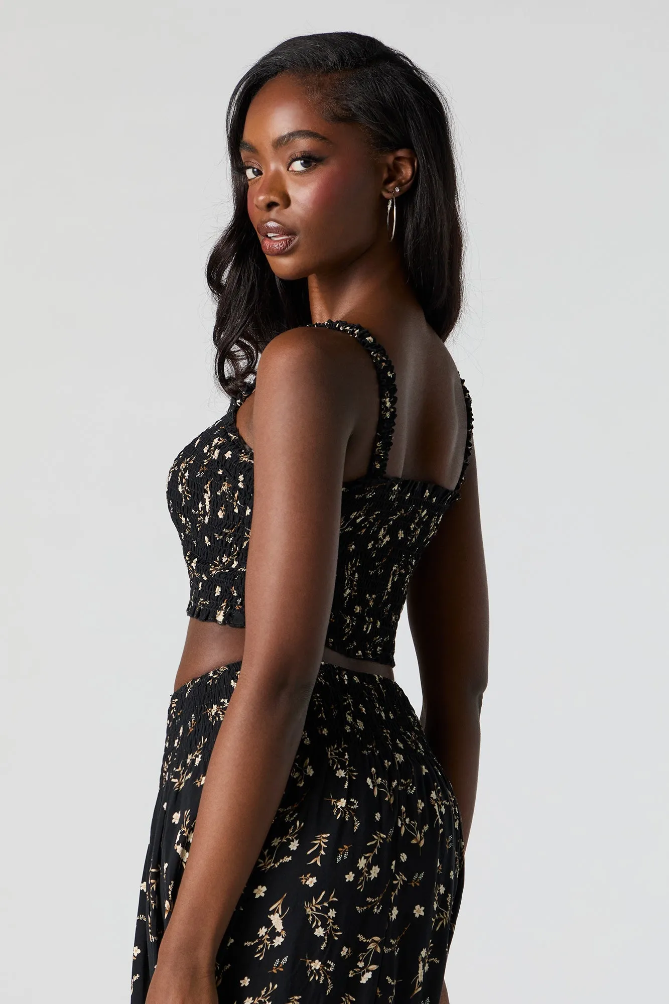 Black Floral Smocked Cropped Tank sold by Charlotte Russe product image thumbnail 2