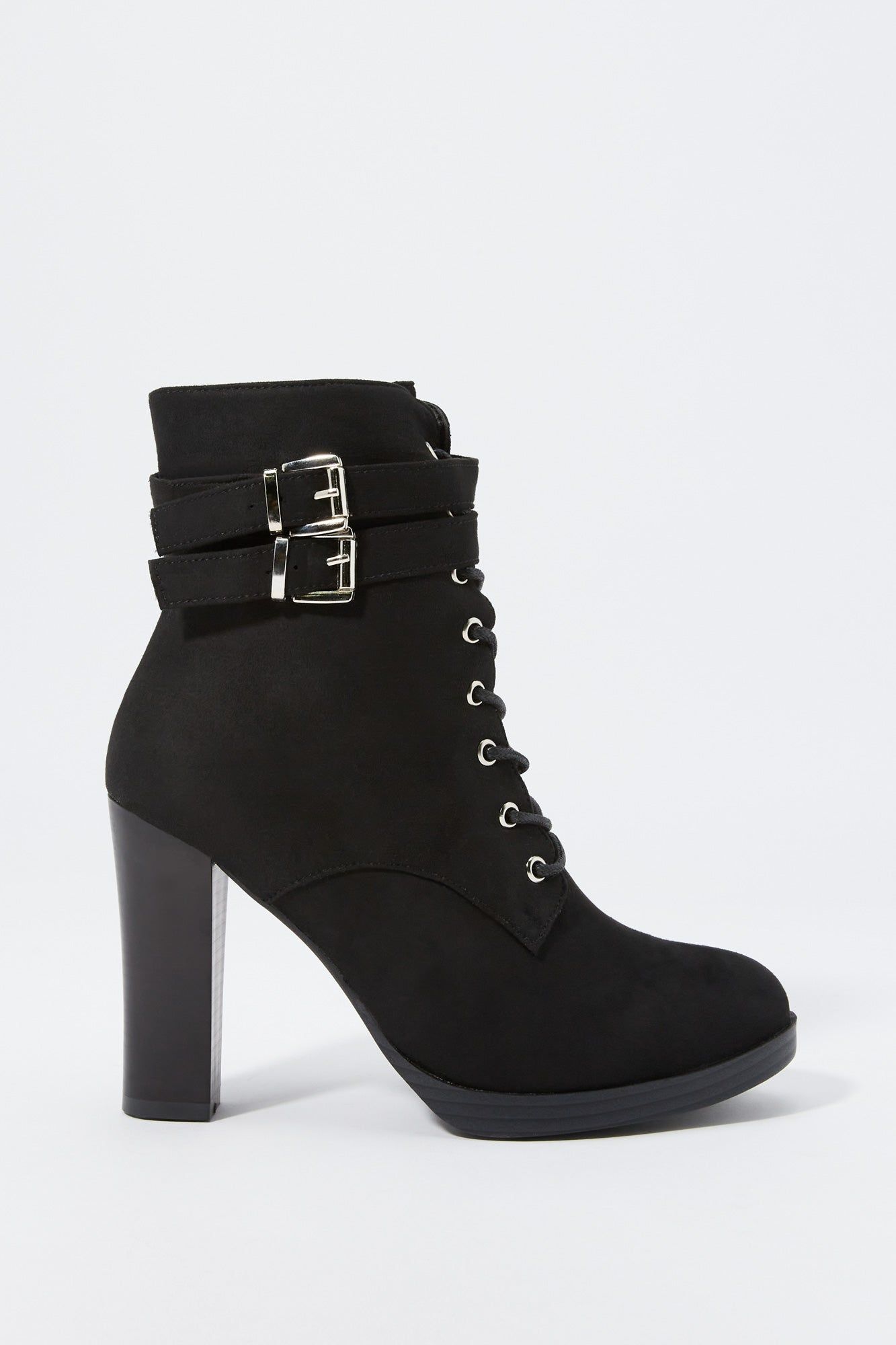 Faux-Suede Lace-Up Buckled Platform Boot sold by Charlotte Russe