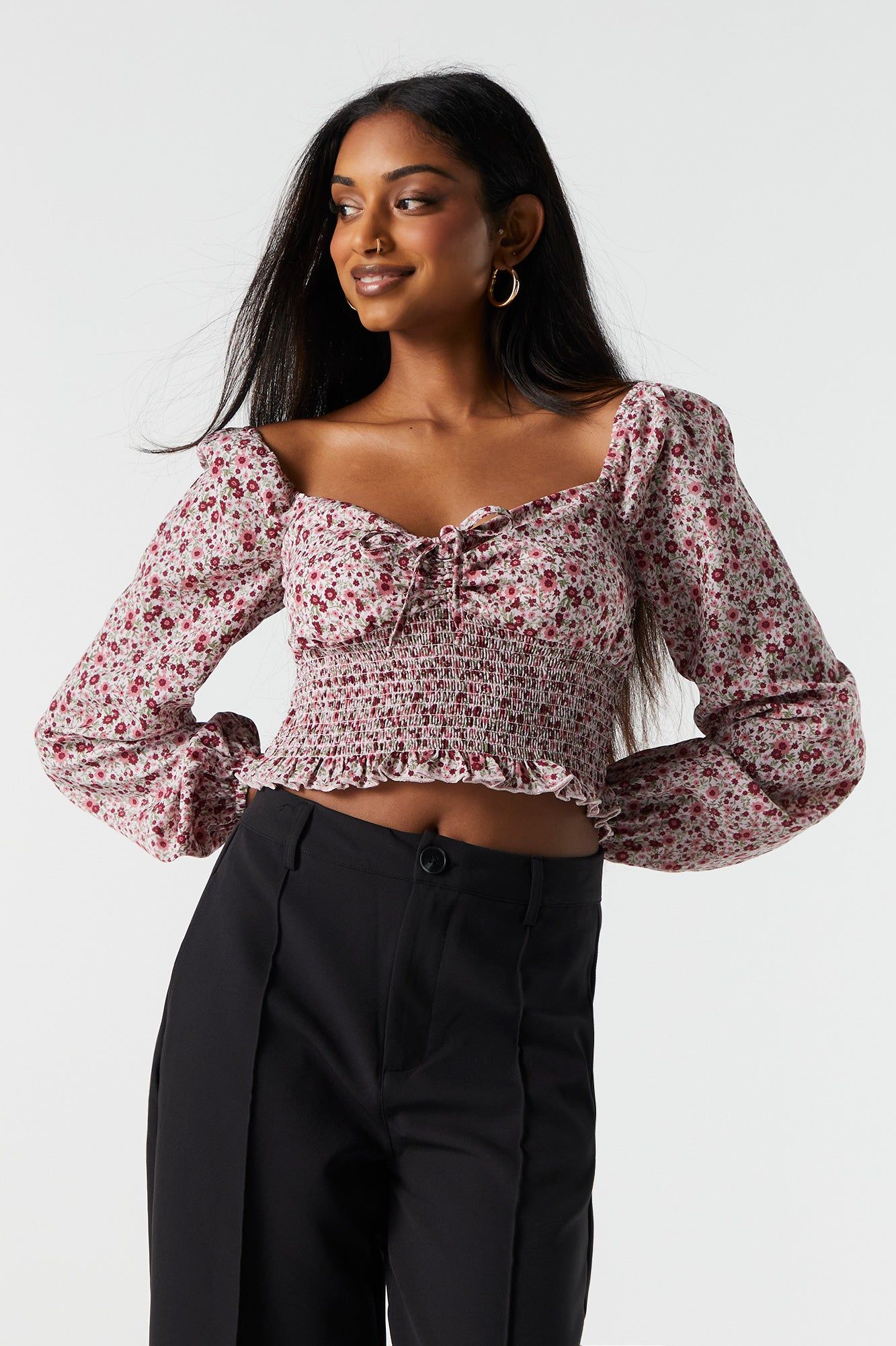 Purple Floral Smocked Milkmaid Top sold by Charlotte Russe