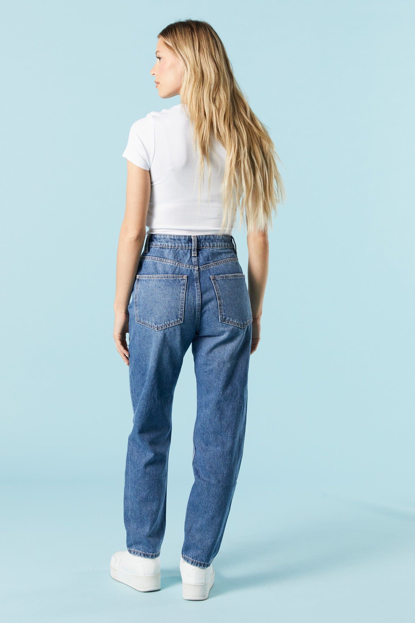 Dark Wash Heavy Distressed Mom Jean sold by Charlotte Russe product image thumbnail 3