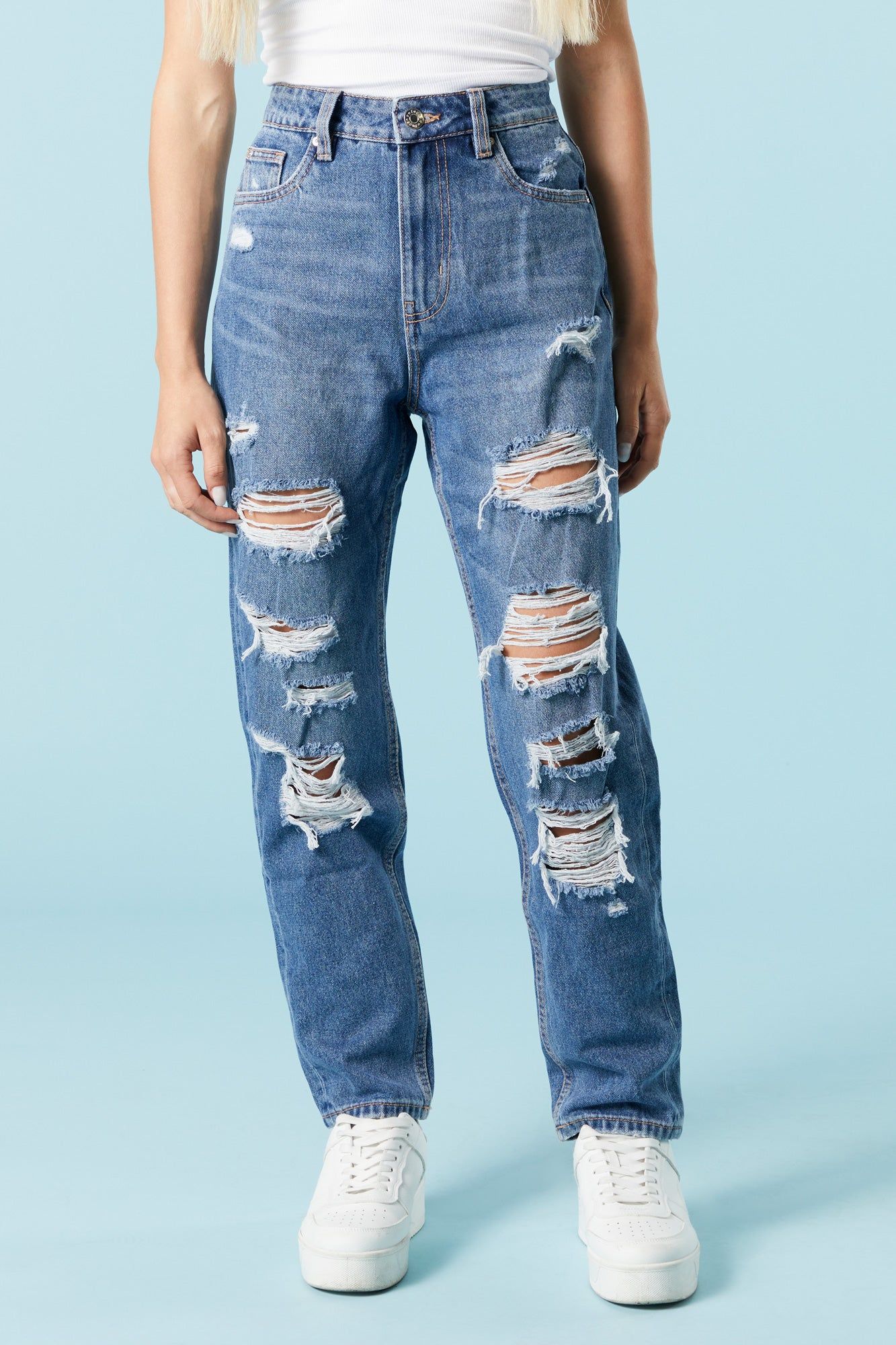 Dark Wash Heavy Distressed Mom Jean sold by Charlotte Russe product image thumbnail 2