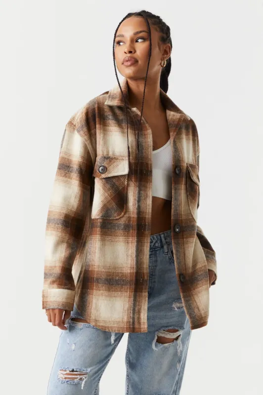 Brushed Brown Plaid Flannel Shacket sold by Charlotte Russe