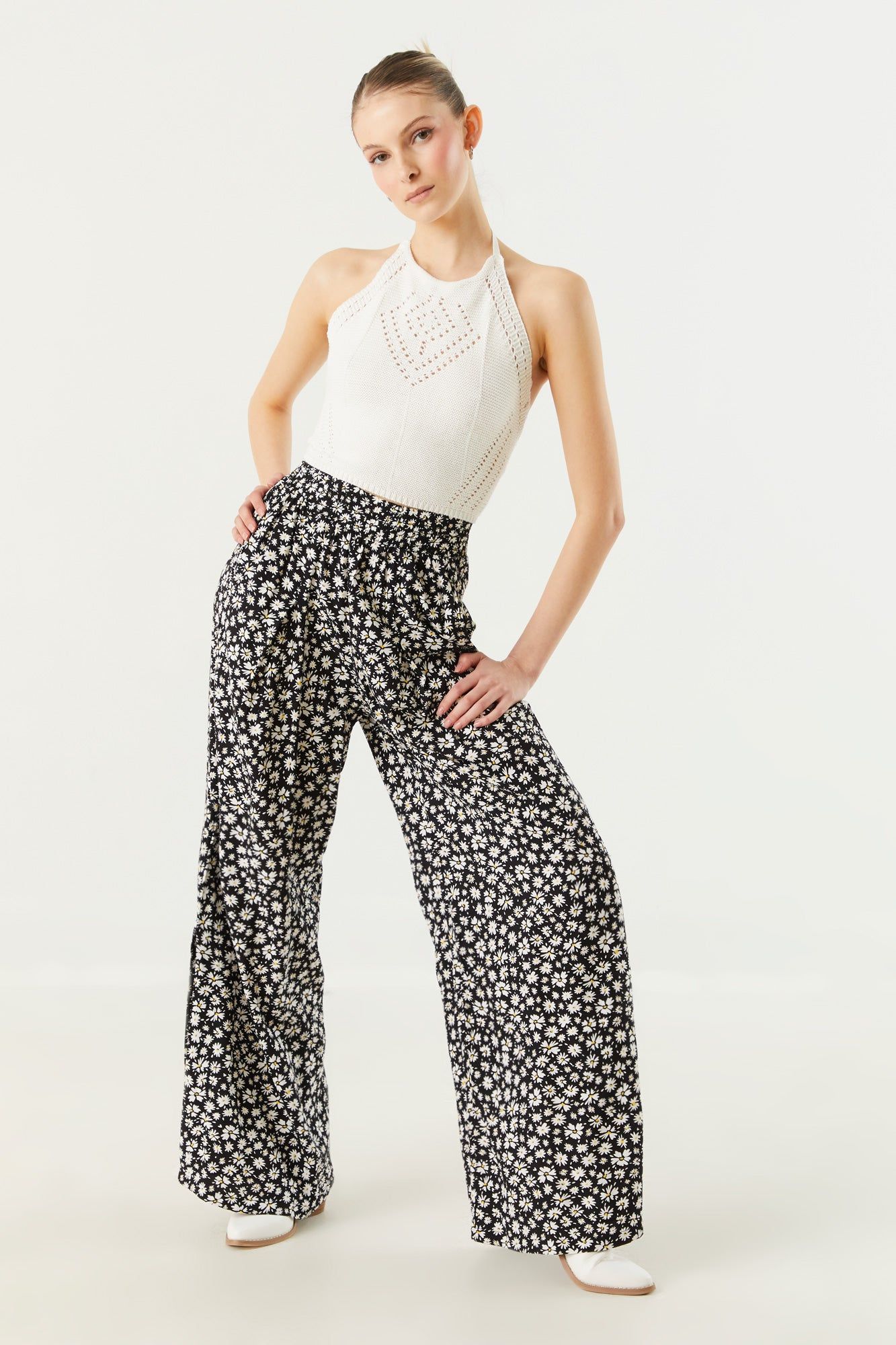 Black and White Floral Print Palazzo Pant sold by Charlotte Russe