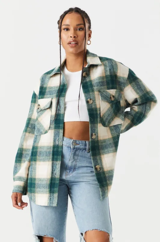 Brushed Green Plaid Flannel Shacket sold by Charlotte Russe