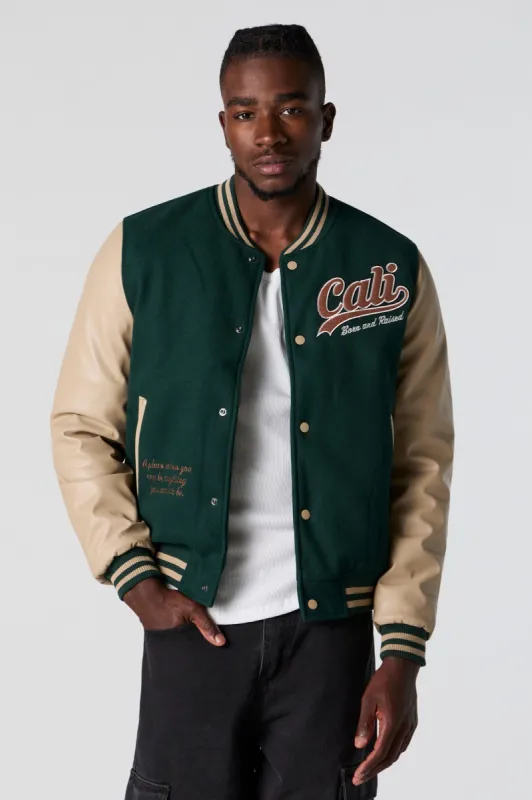 Faux-Leather Sleeve Embroidered Varsity Jacket sold by Charlotte Russe