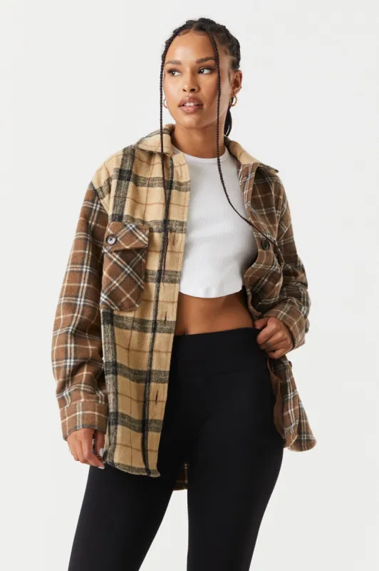 Brushed Split Plaid Flannel Shacket sold by Charlotte Russe