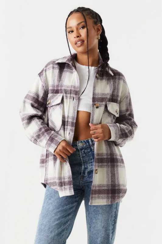 Brushed Purple Plaid Flannel Shacket sold by Charlotte Russe