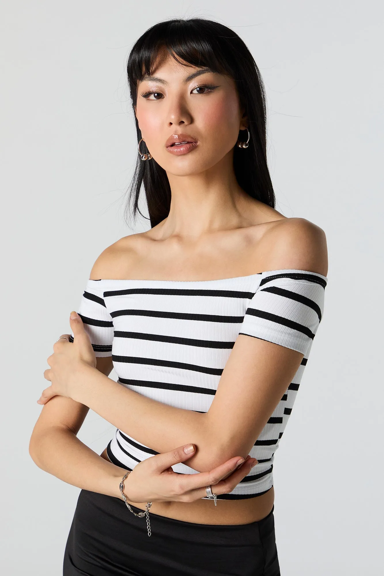 Striped Ribbed Off Shoulder Top sold by Charlotte Russe