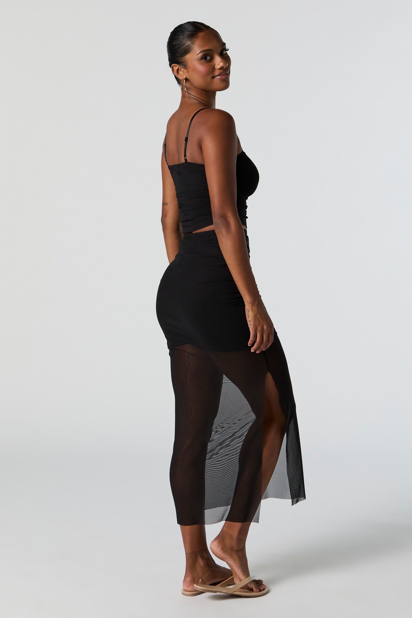 Black Mesh Ruched Midi Skirt sold by Charlotte Russe product image thumbnail 3