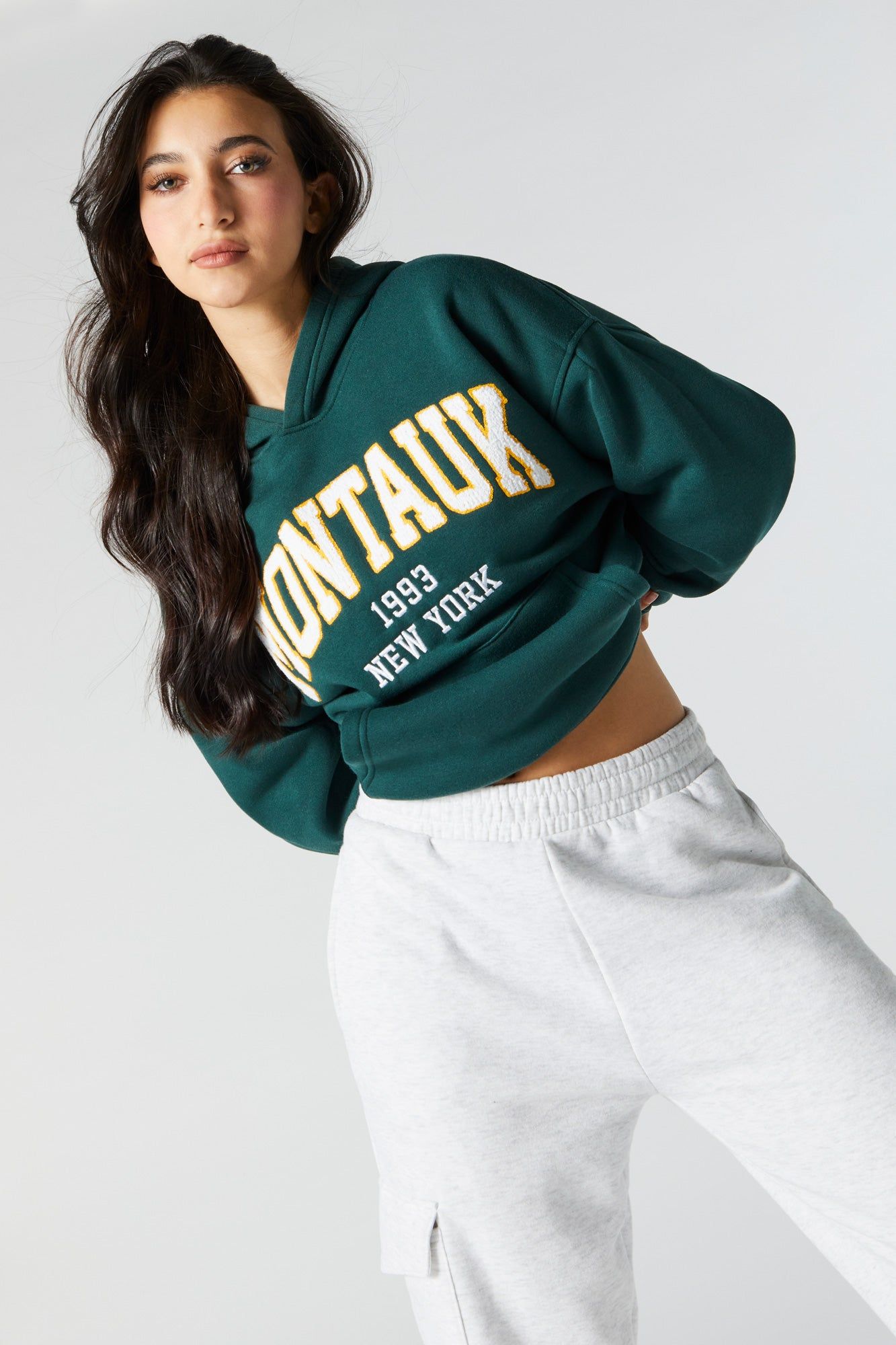 Chenille Embroidered Montauk Fleece Hoodie sold by Charlotte Russe