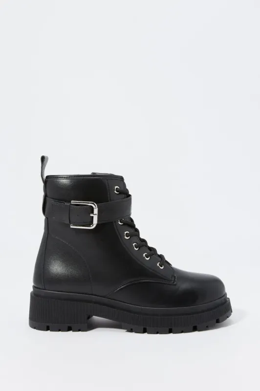 Faux-Leather Lace-Up Buckled Boot sold by Charlotte Russe