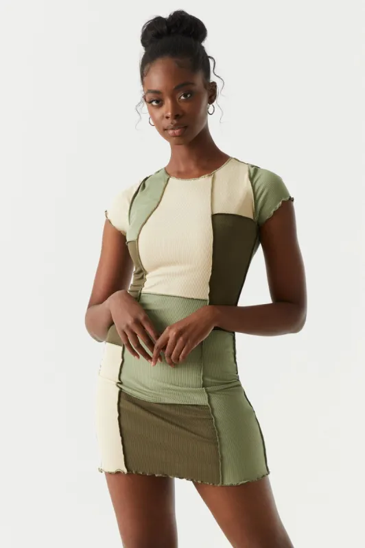 Green Colour Block Patchwork Short Sleeve Mini Dress sold by Charlotte Russe