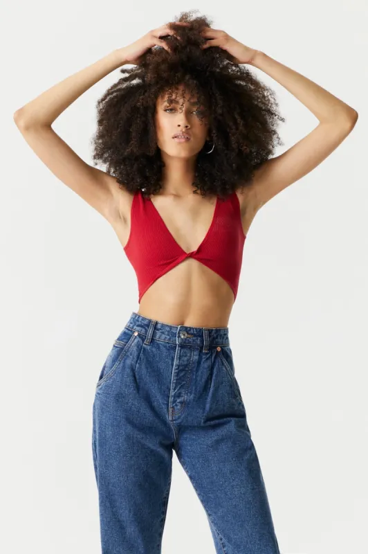 Red Seamless Ribbed V-Neck Twist Front Bra Top sold by Charlotte Russe