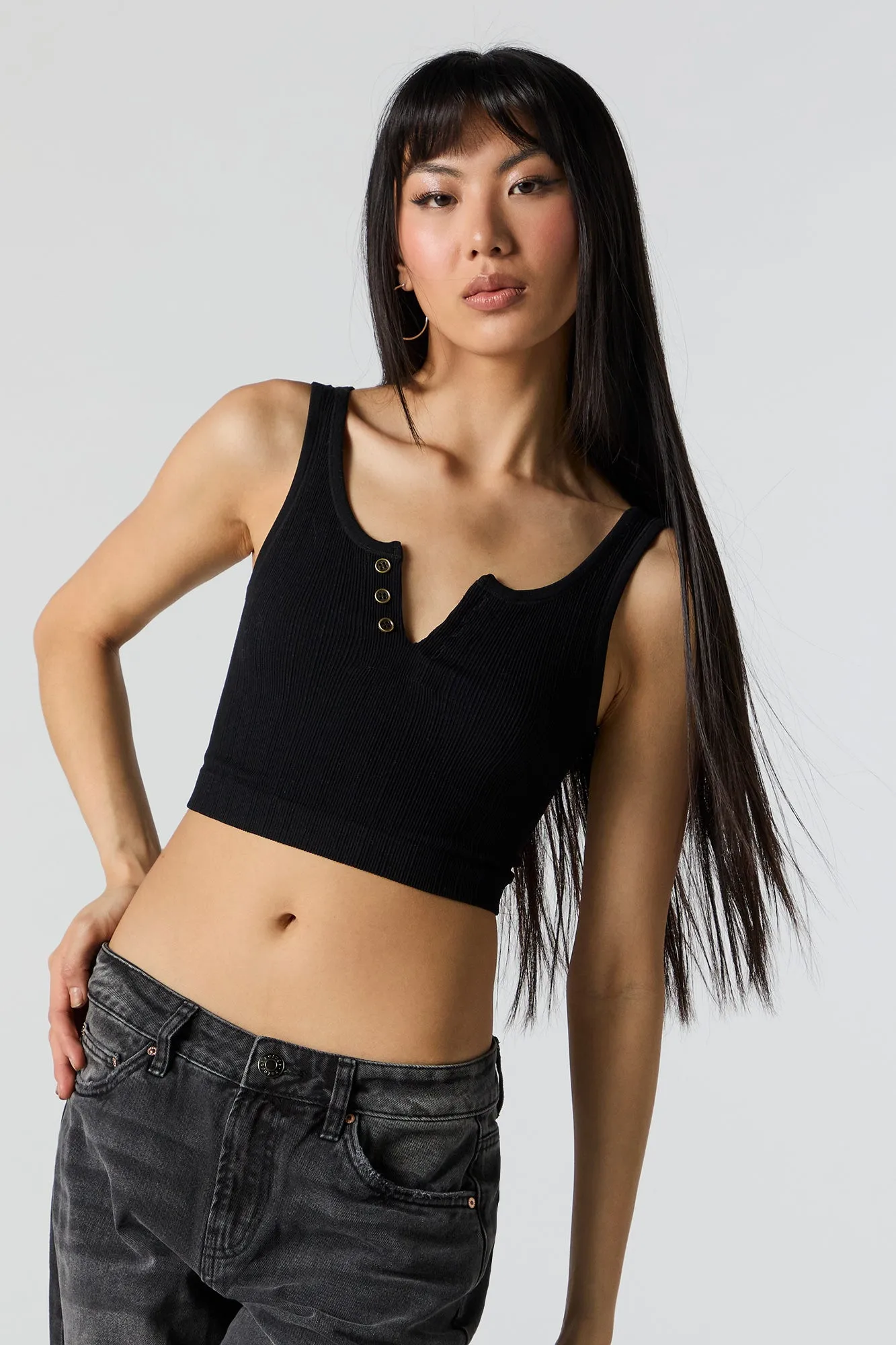 Seamless Ribbed Cropped Henley Tank sold by Charlotte Russe product image thumbnail 4