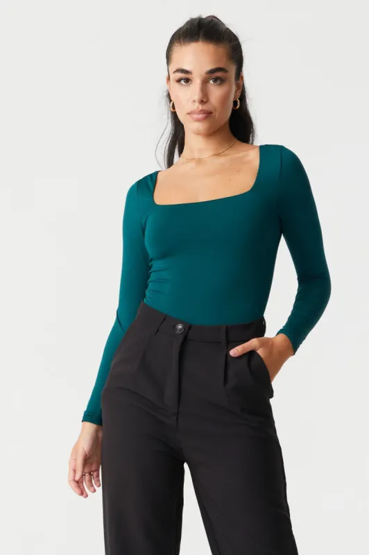 Green Square Neck Long Sleeve Contour Bodysuit sold by Charlotte Russe