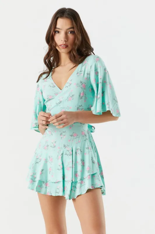 Sage Floral Ruffle Wrap Romper sold by Charlotte Russe