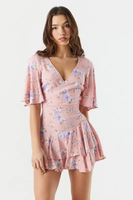 Pink Floral Ruffle Wrap Romper sold by Charlotte Russe