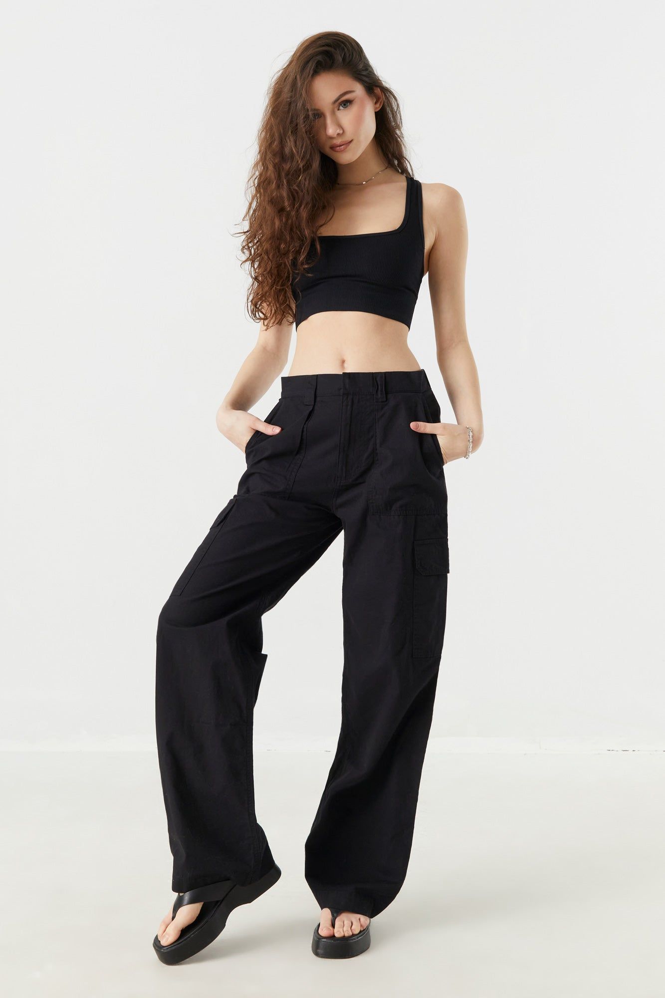 Black Poplin Wide Leg Cargo Pant sold by Charlotte Russe