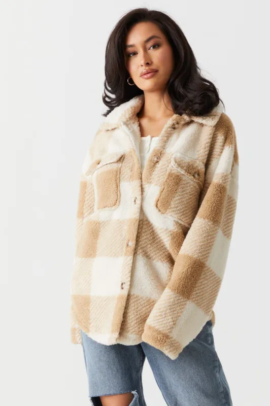 Tan Buffalo Plaid Plush Fleece Shacket sold by Charlotte Russe