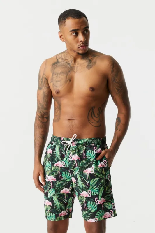 Flamingo And Palm Print Board Short sold by Charlotte Russe