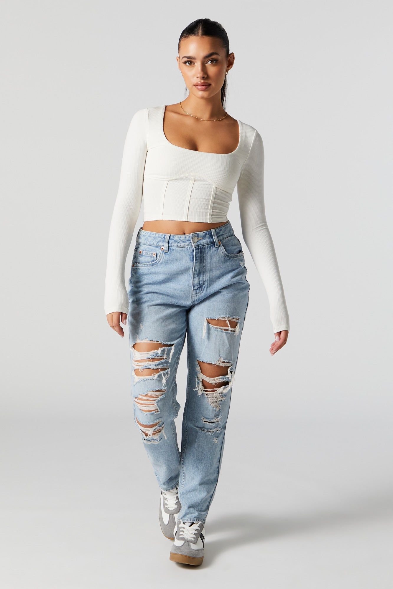 High Rise Light Wash Distressed Mom Jean sold by Charlotte Russe
