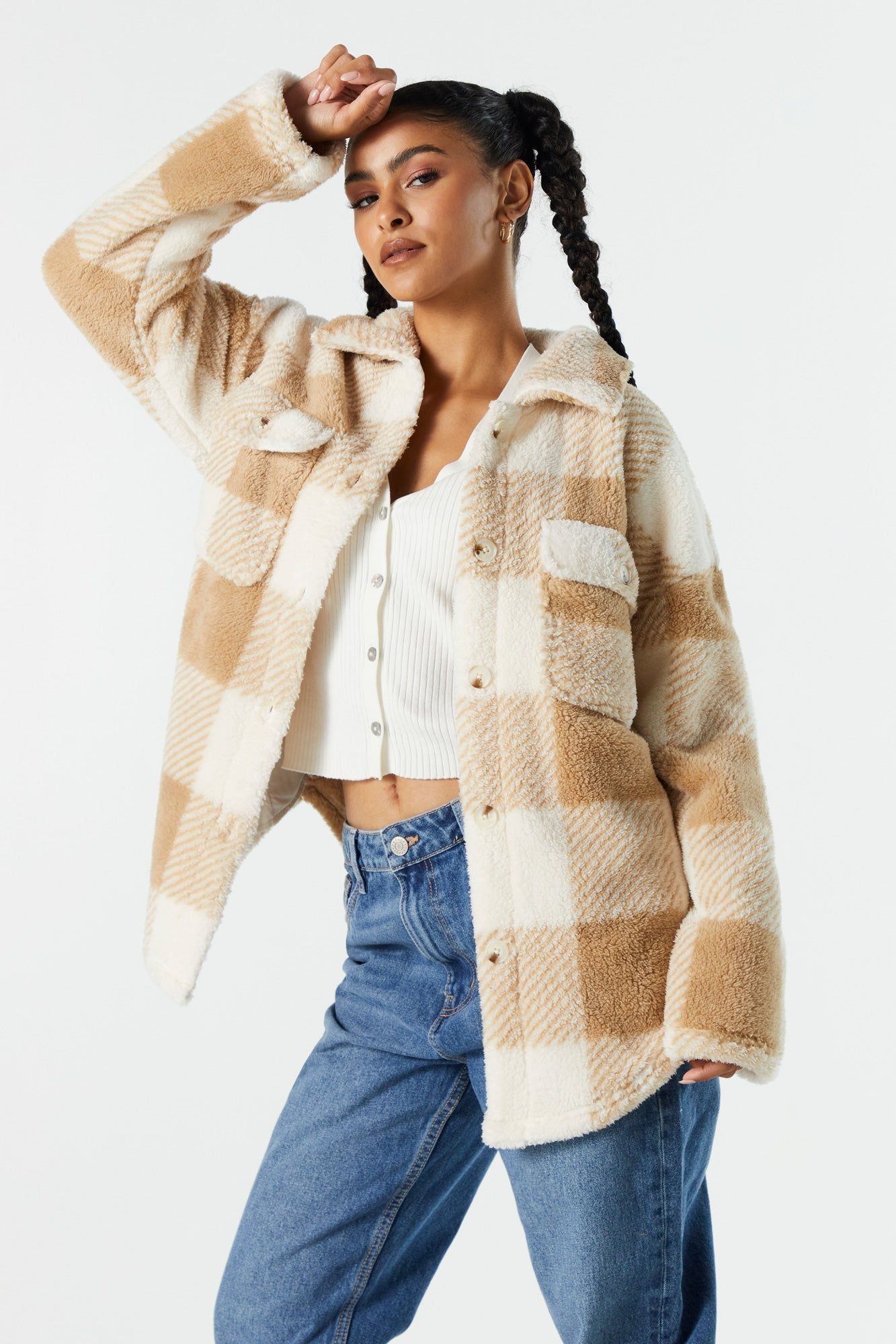 Plush Plaid Shacket sold by Charlotte Russe