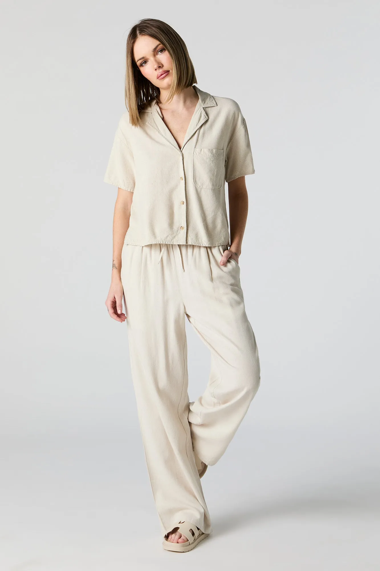 Linen Short Sleeve Button-Up Top sold by Charlotte Russe product image thumbnail 4