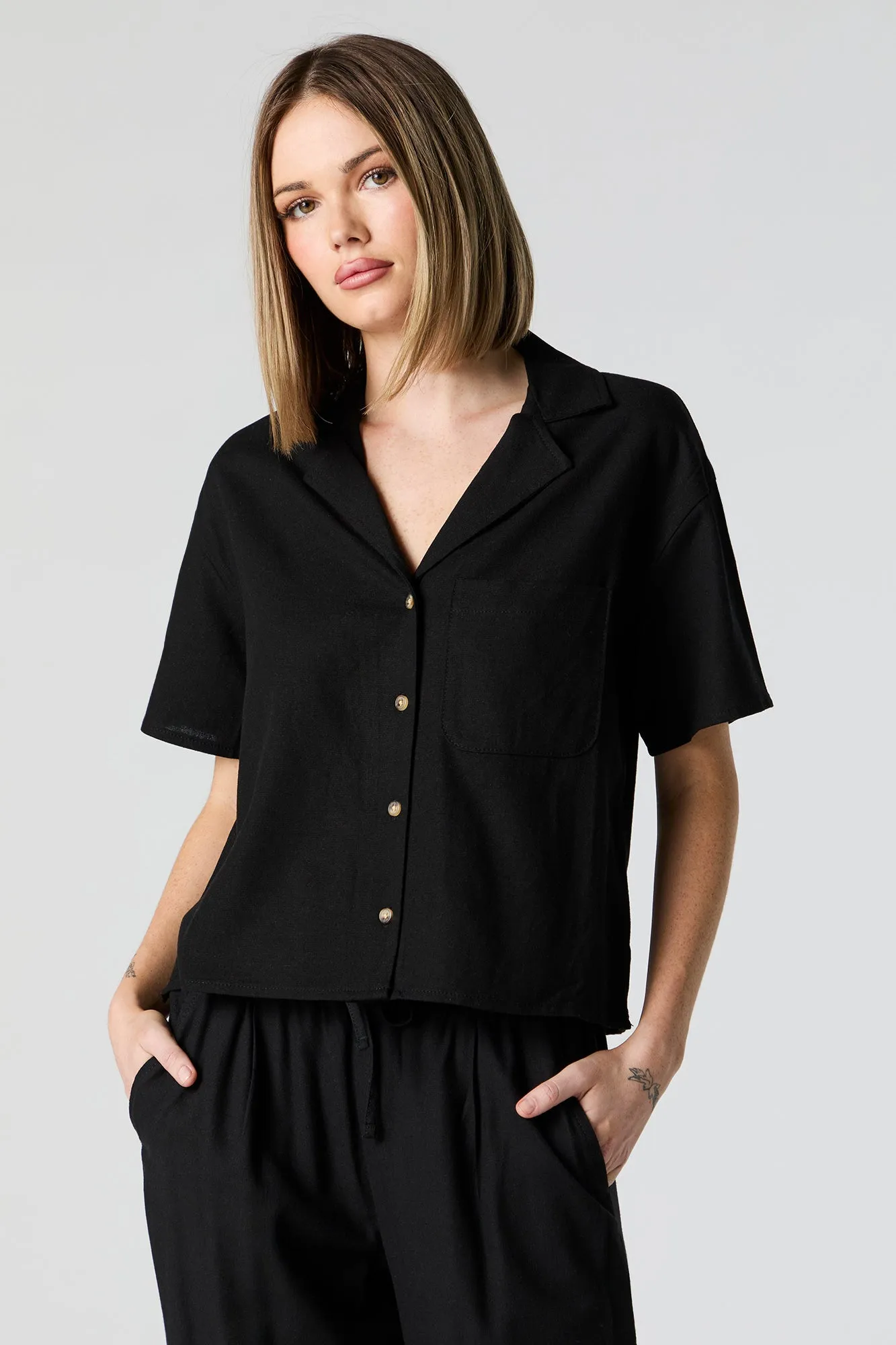 Linen Short Sleeve Button-Up Top sold by Charlotte Russe product image thumbnail 5