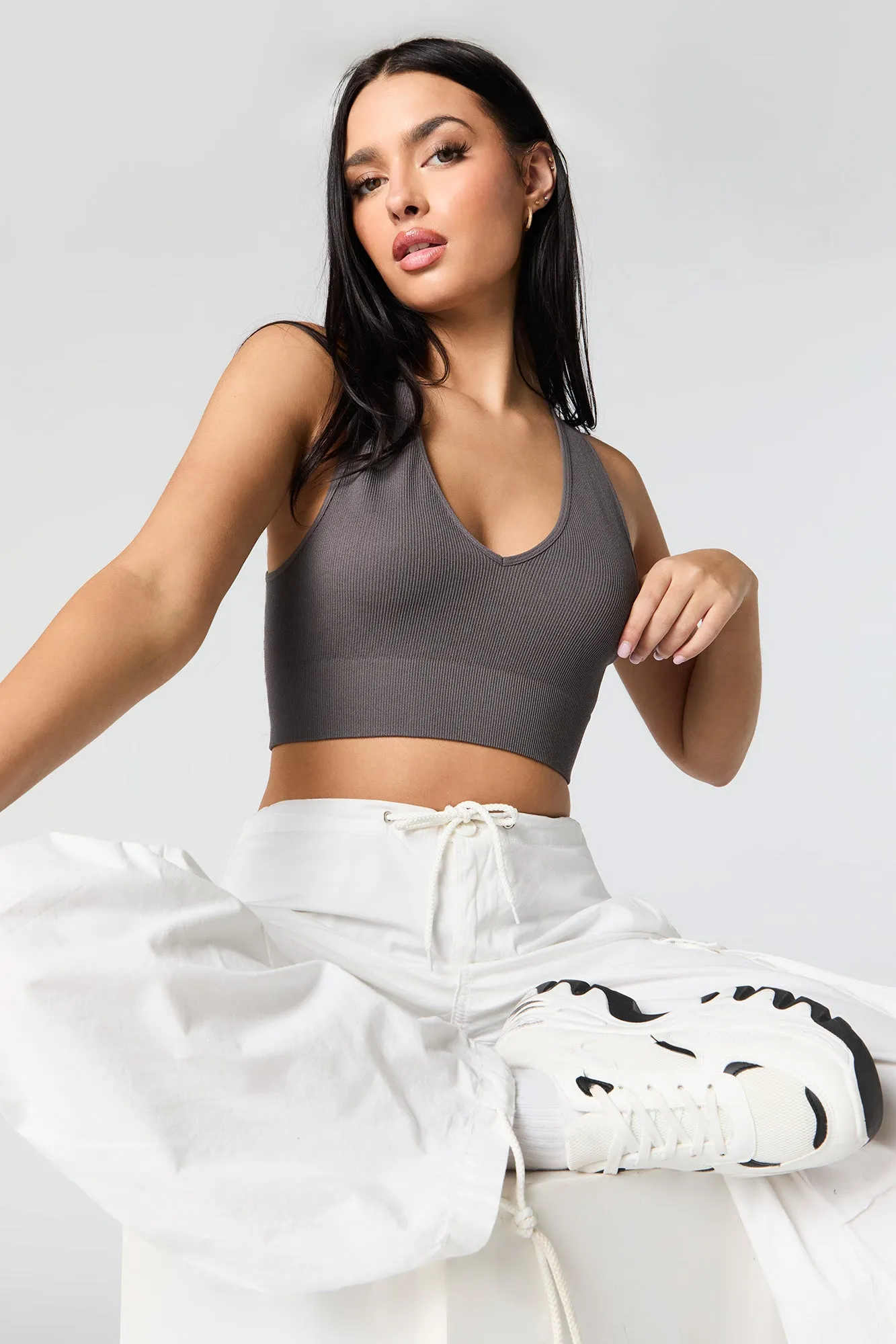 Seamless Ribbed V-Neck Cropped Tank sold by Charlotte Russe