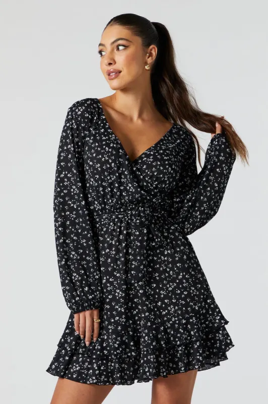 Black Floral Surplice Front Tie Mini Dress sold by Charlotte Russe