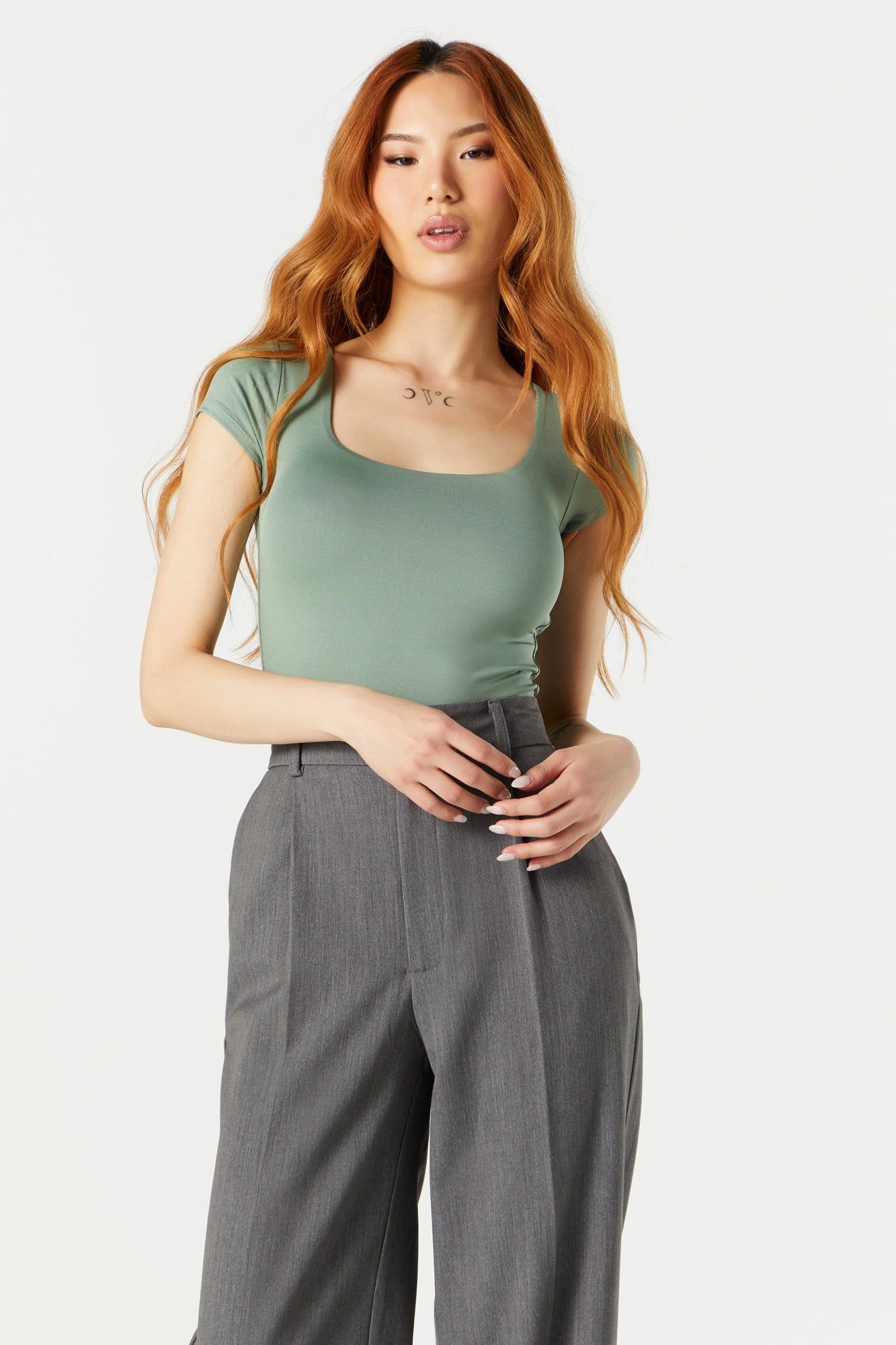 Square Neck Contour Short Sleeve Bodysuit sold by Charlotte Russe