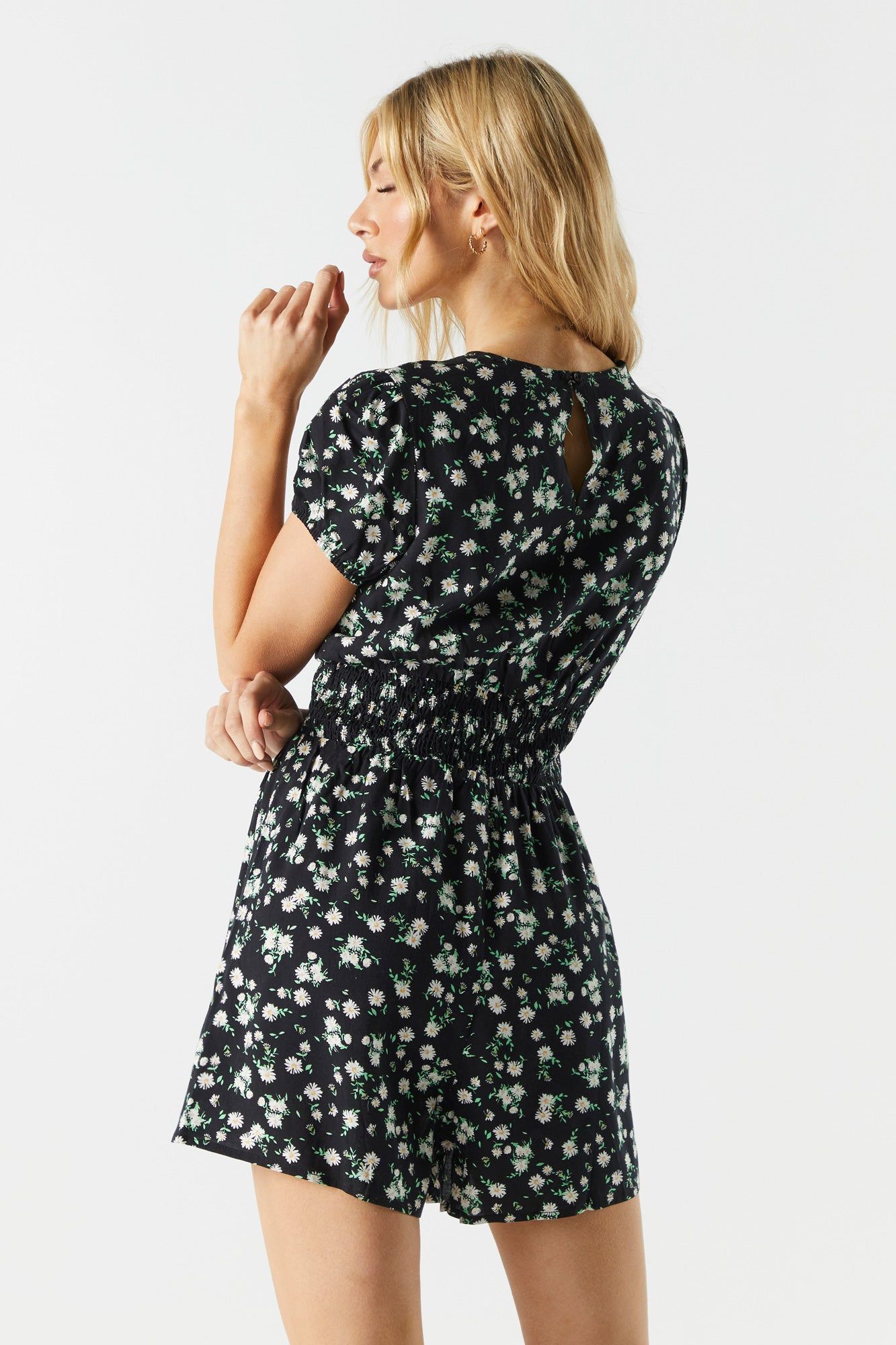 Black Floral Surplice Smocked Romper sold by Charlotte Russe product image thumbnail 2