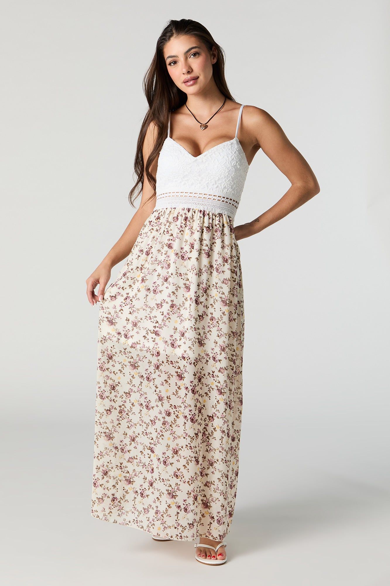 Floral Chiffon Lace Maxi Dress with Built-In Bra Cups sold by Charlotte Russe